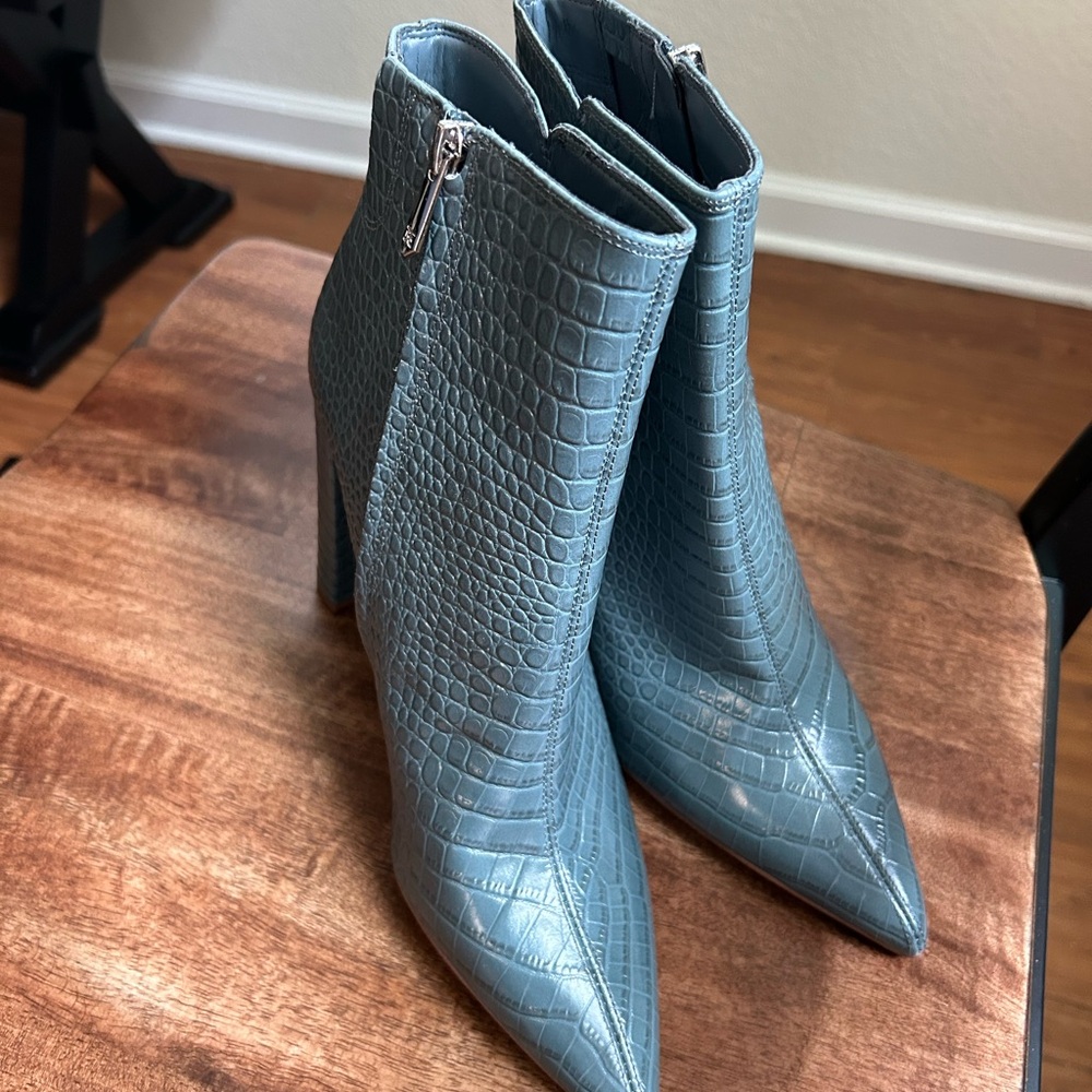 Teal Croc-Embossed Ankle Boots